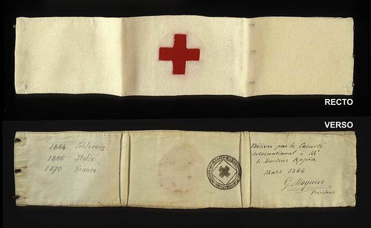 Erste Rotkreuz-Armbinde, wie sie Louis Appia 1864 getragen hat. Der Chirurg gehörte zu den fünf Gründungsmitgliedern des Internationalen Komitees vom Roten Kreuz (IKRK) Erste Rotkreuz-Armbinde, wie sie Louis Appia 1864 getragen hat. Der Chirurg gehörte zu den fünf Gründungsmitgliedern des Internationalen Komitees vom Roten Kreuz (IKRK)